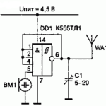 Схема радиомикрофона на микросхеме К555ТЛ1 без катушки индуктивности